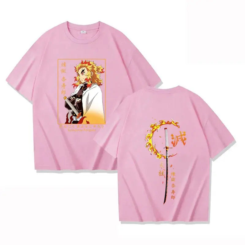 A hot new Rengoku Kyoujurou Printed Tee Shirt, a casual round neck summer unisex top for Demon Slayer fans.