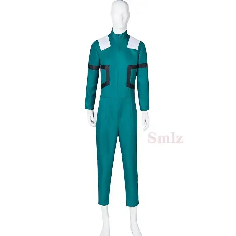 A complete unisex Anime My Hero Academia Midoriya Izuku Deku Battle Cosplay Costume set, with the green Halloween wig hair.