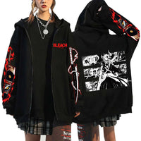 A unisex Bleach Zip Up Hoodie featuring 3D cosplay prints of Kurosaki Ichigo, Kyoraku Shunsui, and Hitsugaya Toshiro for anime fans.