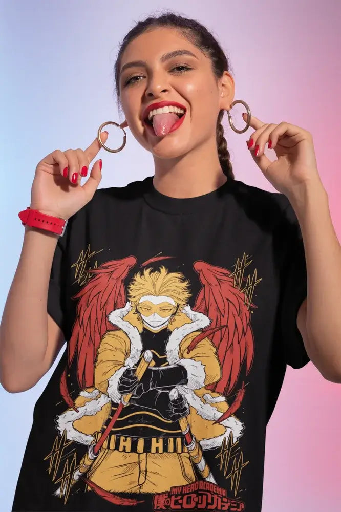 A premium Wing Hero Hawks T-Shirt featuring a dynamic anime graphic of Keigo Takami with red wings, styled as casual manga fashion.