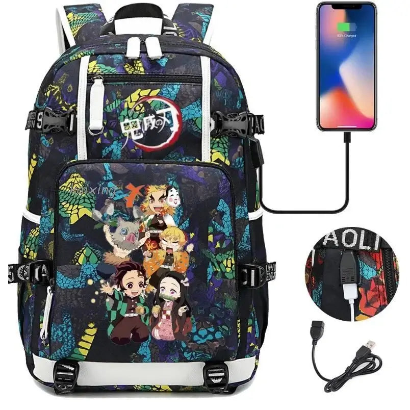 A pink and black Nezuko Demon Slayer Backpack featuring a USB charging port and kawaii anime character art, designed for teen girls and students.