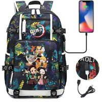 A pink and black Nezuko Demon Slayer Backpack featuring a USB charging port and kawaii anime character art, designed for teen girls and students.
