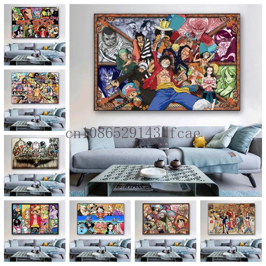A high-definition One Piece Canvas Painting featuring Monkey D. Luffy in a watercolor art style, hanging on a modern living room wall.