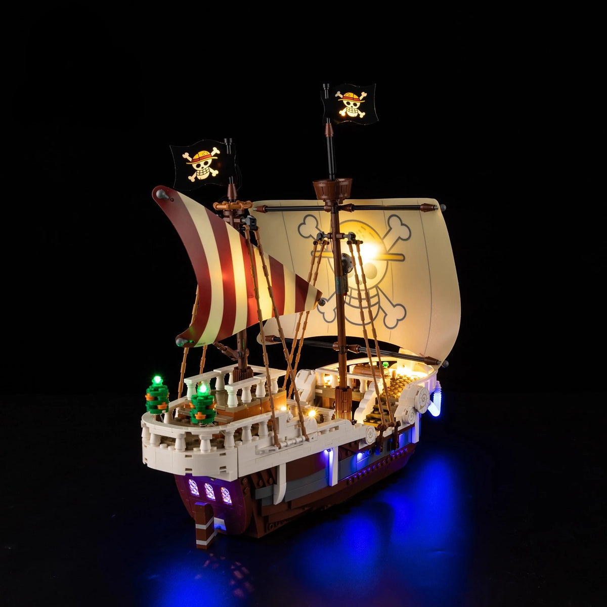 A Going Merry LED Light Set illuminating the 75639 pirate ship building block model, showcasing glowing cabins and deck lights.