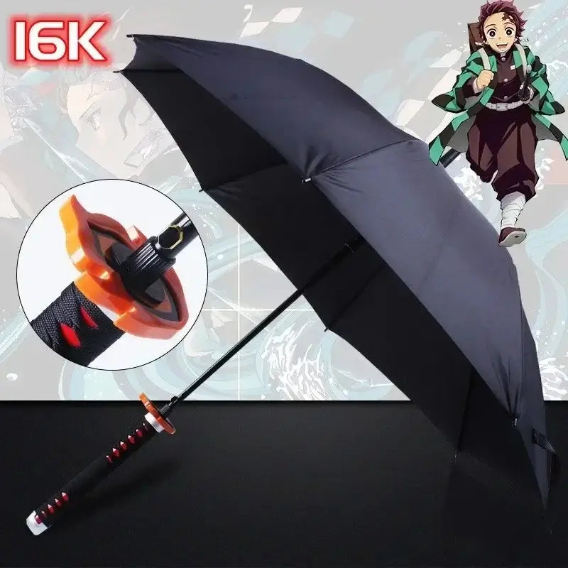 A black Tanjiro Katana Umbrella featuring a replica Nichirin sword handle and UV blocking canopy, inspired by the Demon Slayer anime.