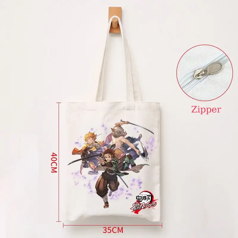A durable Demon Slayer Canvas Bag featuring Kamado Nezuko and Tanjiro anime graphics, designed as a zipper tote for students and shoppers.