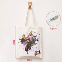 A durable Demon Slayer Canvas Bag featuring Kamado Nezuko and Tanjiro anime graphics, designed as a zipper tote for students and shoppers.