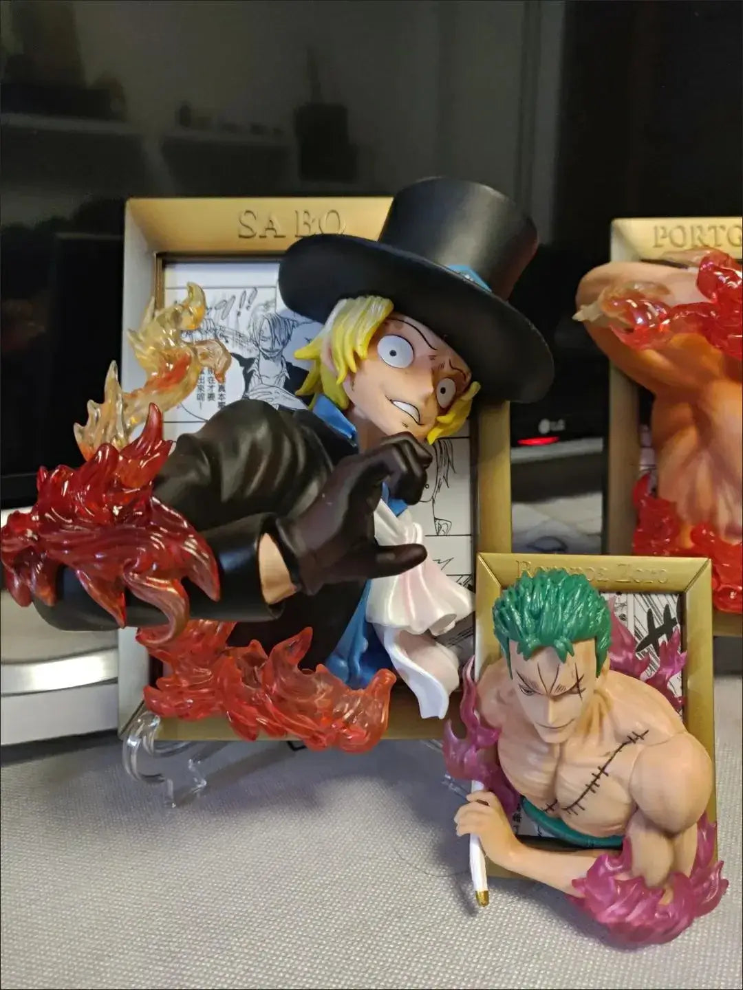 A large, handmade One Piece Three Brothers Statue featuring a 3D photo frame design with young Luffy, Ace, and Sabo for desktop decoration.