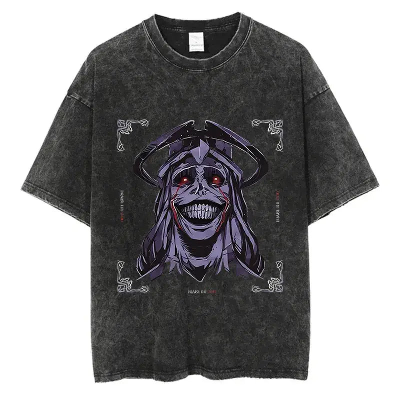 A trendy Solo Leveling Vintage T-shirt featuring a Sung Jinwoo graphic print, designed with a retro washed cotton finish for Harajuku streetwear.