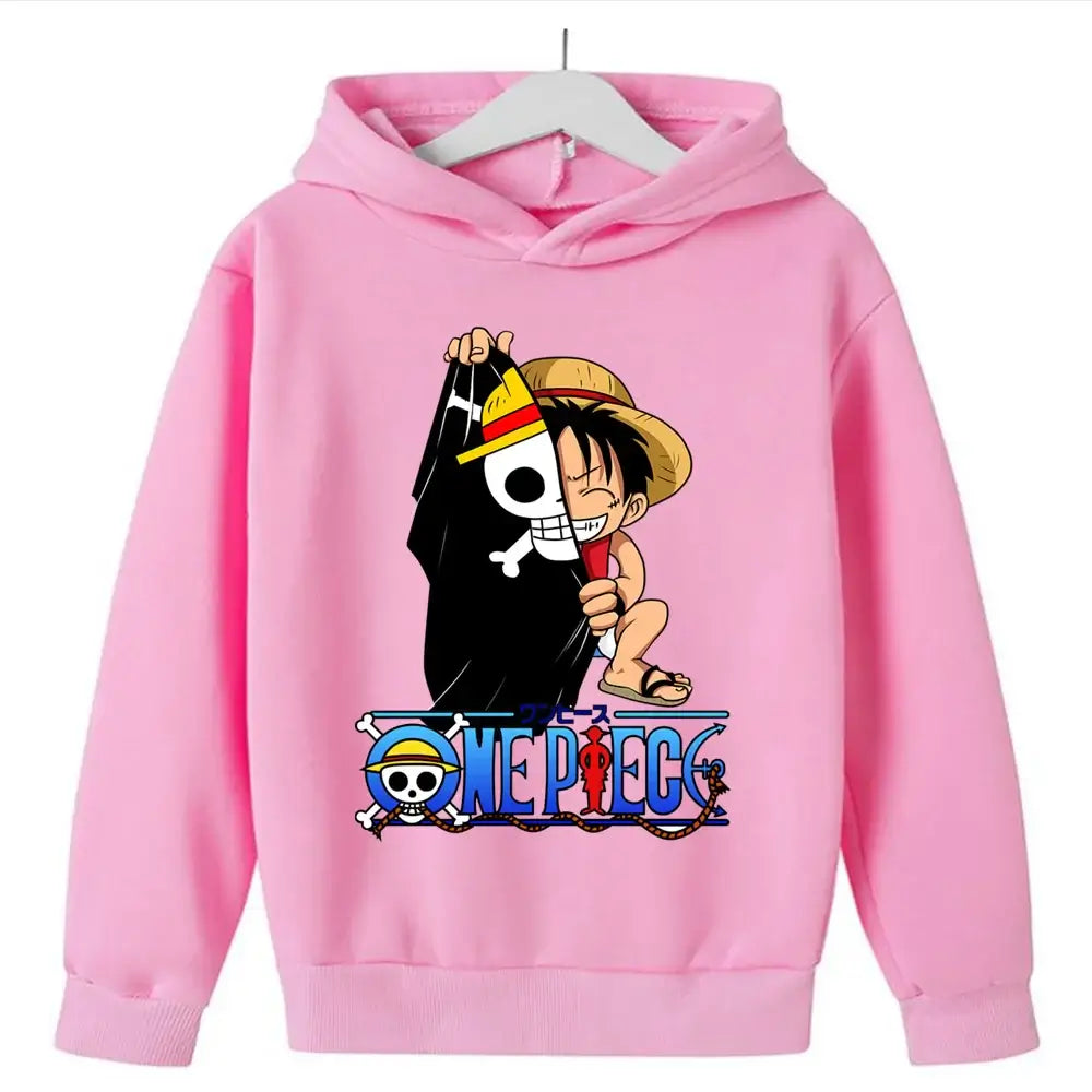 A 2025 New Anime One Piece Hoodies for Kids, a fashion Luffy pullover and hip hop coat for boys' clothing and cosplay.