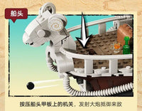 A detailed One Piece Going Merry Building Blocks set featuring the Straw Hat Pirate Ship, designed as an assembly model toy for children and collectors.