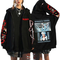 A unisex Bleach Zip Up Hoodie featuring 3D cosplay prints of Kurosaki Ichigo, Kyoraku Shunsui, and Hitsugaya Toshiro for anime fans.
