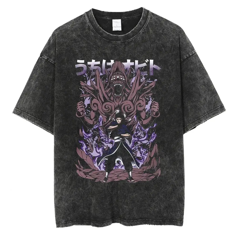 A man wearing the vintage black Japanese Anime Naruto Print T Shirt in a Harajuku hip hop streetwear style.