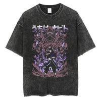 A man wearing the vintage black Japanese Anime Naruto Print T Shirt in a Harajuku hip hop streetwear style.