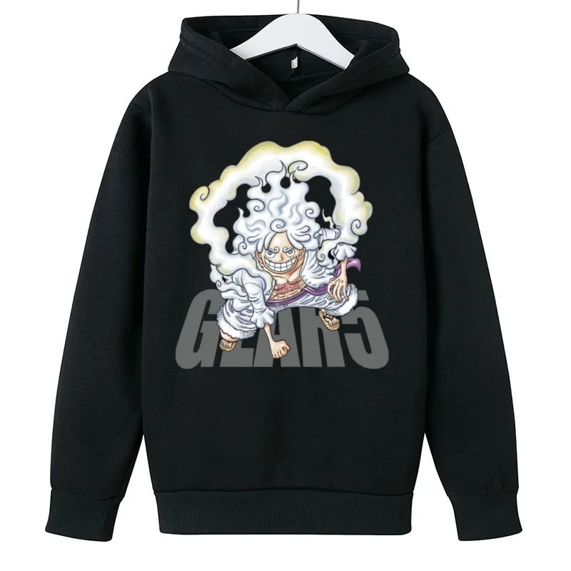 A trendy One Piece Kids Hoodie featuring cartoon graphic prints of Luffy and Zoro, designed as a casual spring and autumn pullover for children.