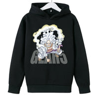 A trendy One Piece Kids Hoodie featuring cartoon graphic prints of Luffy and Zoro, designed as a casual spring and autumn pullover for children.