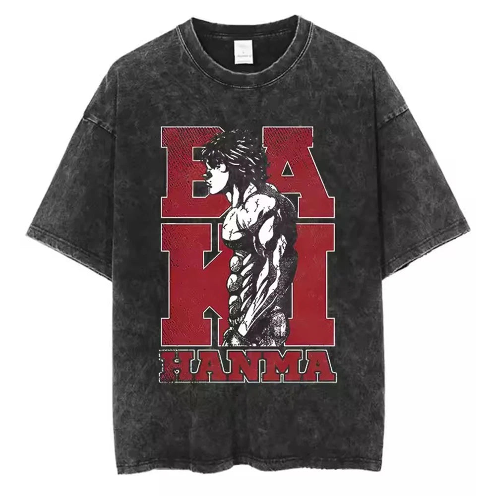 A high-quality pure cotton Baki Anime T-shirt featuring a graphic print of Baki Hanma, designed as a casual loose fit top for men and women.