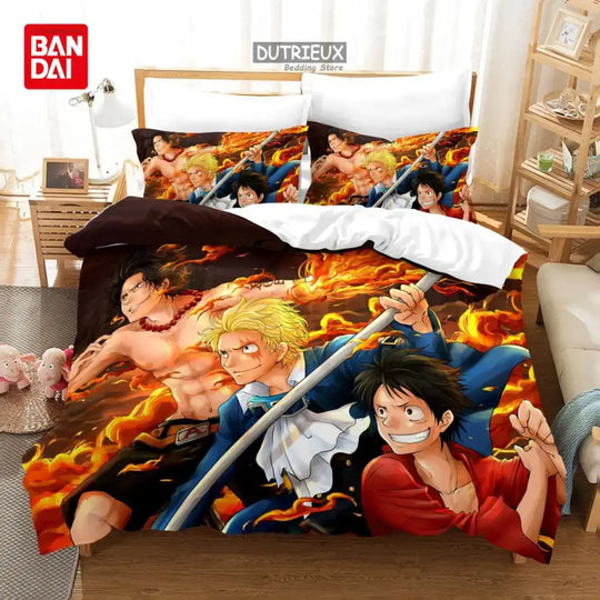 One Piece Bedding Set featuring Bandai Luffy and allies in action with vibrant colors for anime decor.