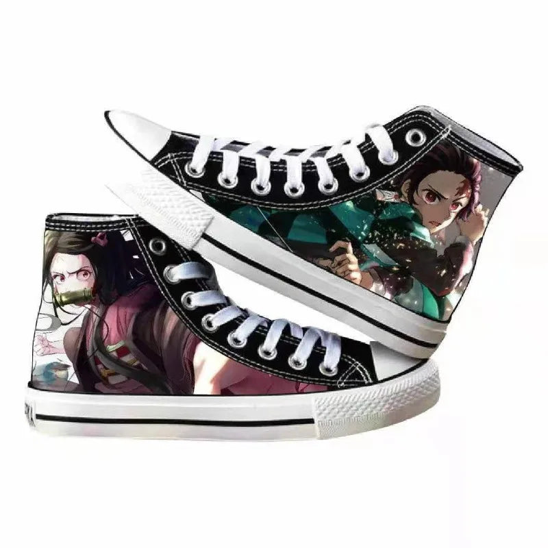 High-top Demon Slayer Canvas Shoes featuring Tanjiro Kamado and Jibaku Shounen Hanako-kun anime prints for casual fashion.