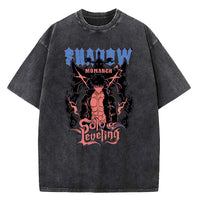 A vintage-style Solo Leveling Vintage T-shirt made of washed black cotton featuring a Sung Jinwoo graphic print, designed as Harajuku streetwear.