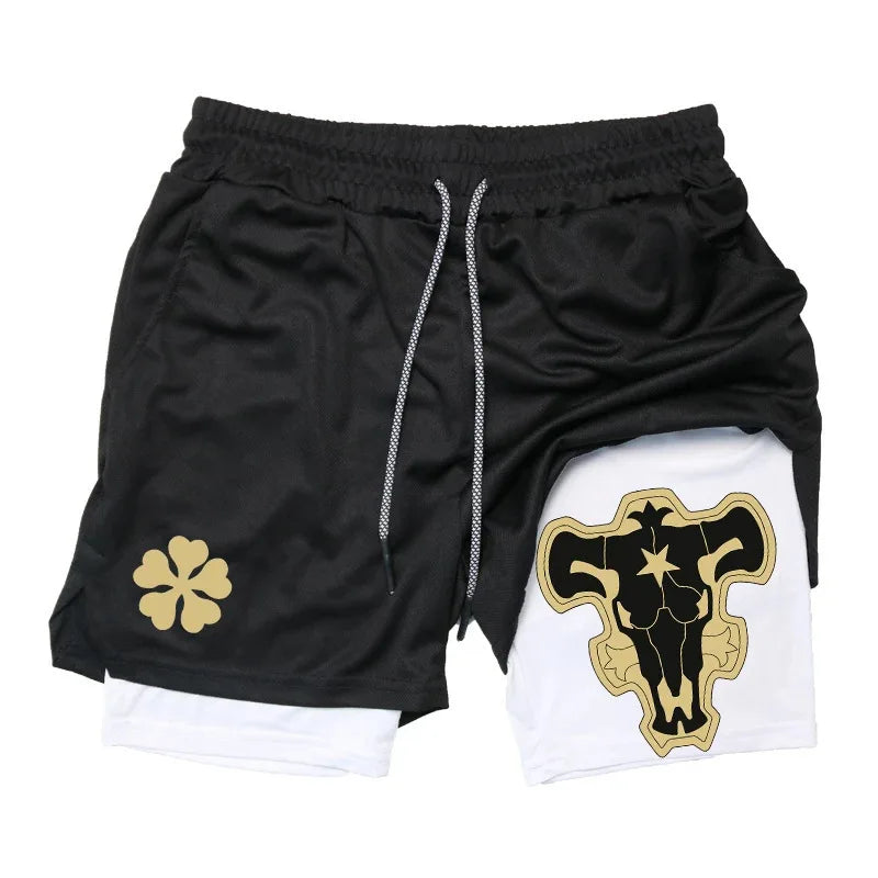 Black Five-Leaf Clover Double-Layer Sports Shorts with Pockets