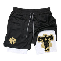 Black Five-Leaf Clover Double-Layer Sports Shorts with Pockets