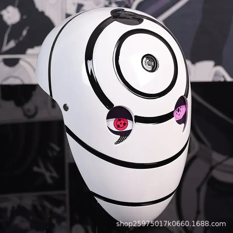A highly imitative, high-gloss Obito Cosplay Mask featuring the Akatsuki Sharingan design for anime Halloween costumes and conventions.