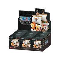 A Pop Mart One Piece Vehicles blind box packaging containing a surprise Grand Line Series ship figure for home decoration.