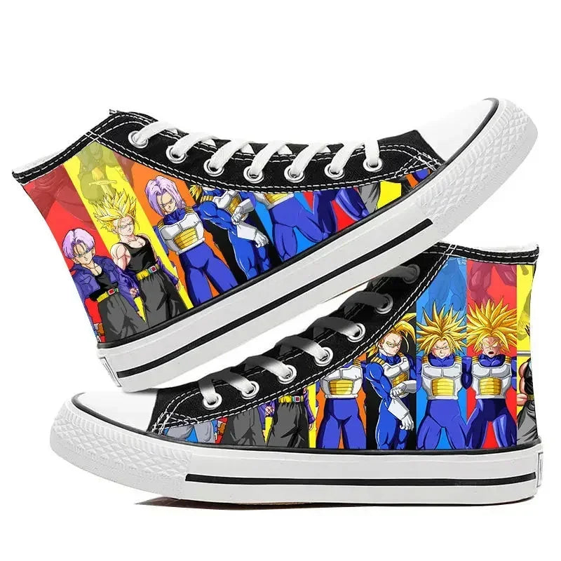 A pair of hot Dragon Ball Goku Canvas Shoes, anime fashion sneakers with a graffiti design for men, women, teenagers, and students.