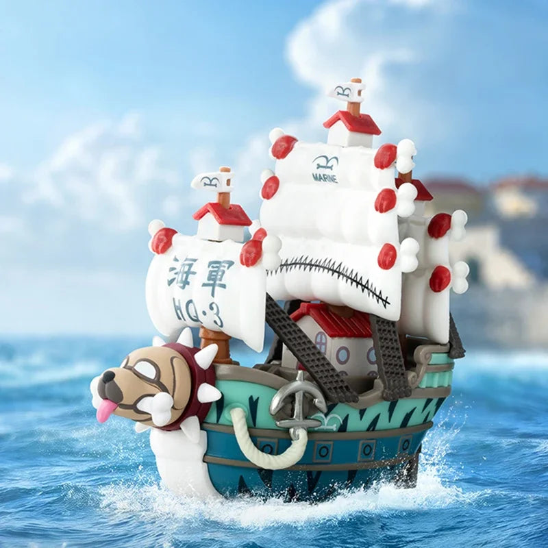 A Pop Mart One Piece Vehicles blind box packaging containing a surprise Grand Line Series ship figure for home decoration.