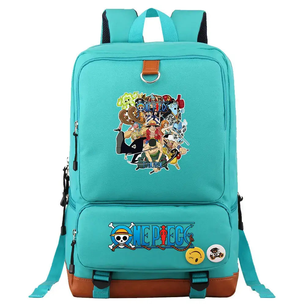 A large, unisex One Piece Luffy Printed Unisex Backpack suitable for school and travel, with compartments for a laptop and iPad.