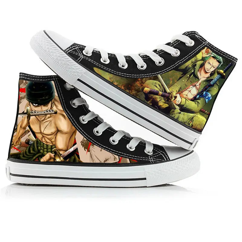 Trendy One Piece High-Top Canvas Shoes featuring creative anime pictures of Luffy, Zoro, Ace, and Chopper for men and women.