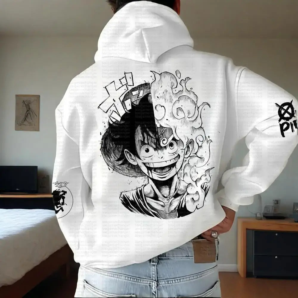 One Piece Luffy Hooded Sweater featuring a graphic design of Luffy on the back. Perfect for anime fans.