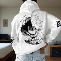 One Piece Luffy Hooded Sweater featuring a graphic design of Luffy on the back. Perfect for anime fans.