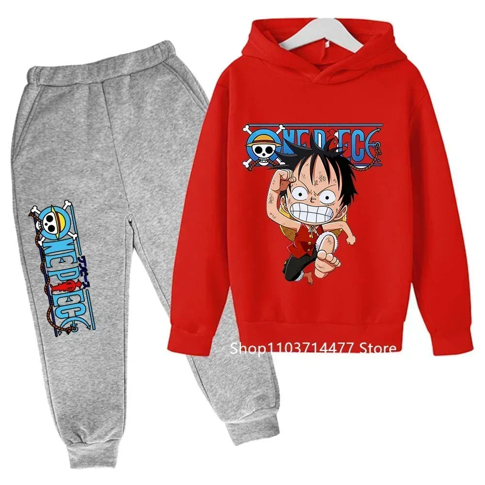 A comfortable One Piece Hoodie Set for kids featuring Monkey D. Luffy anime graphics, including a hoodie and pants 2-piece sports suit.