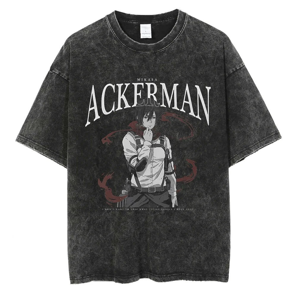A vintage-washed Eren Jaeger T-Shirt featuring a gritty Attack on Titan manga graphic, styled as oversized Harajuku streetwear for men and women.