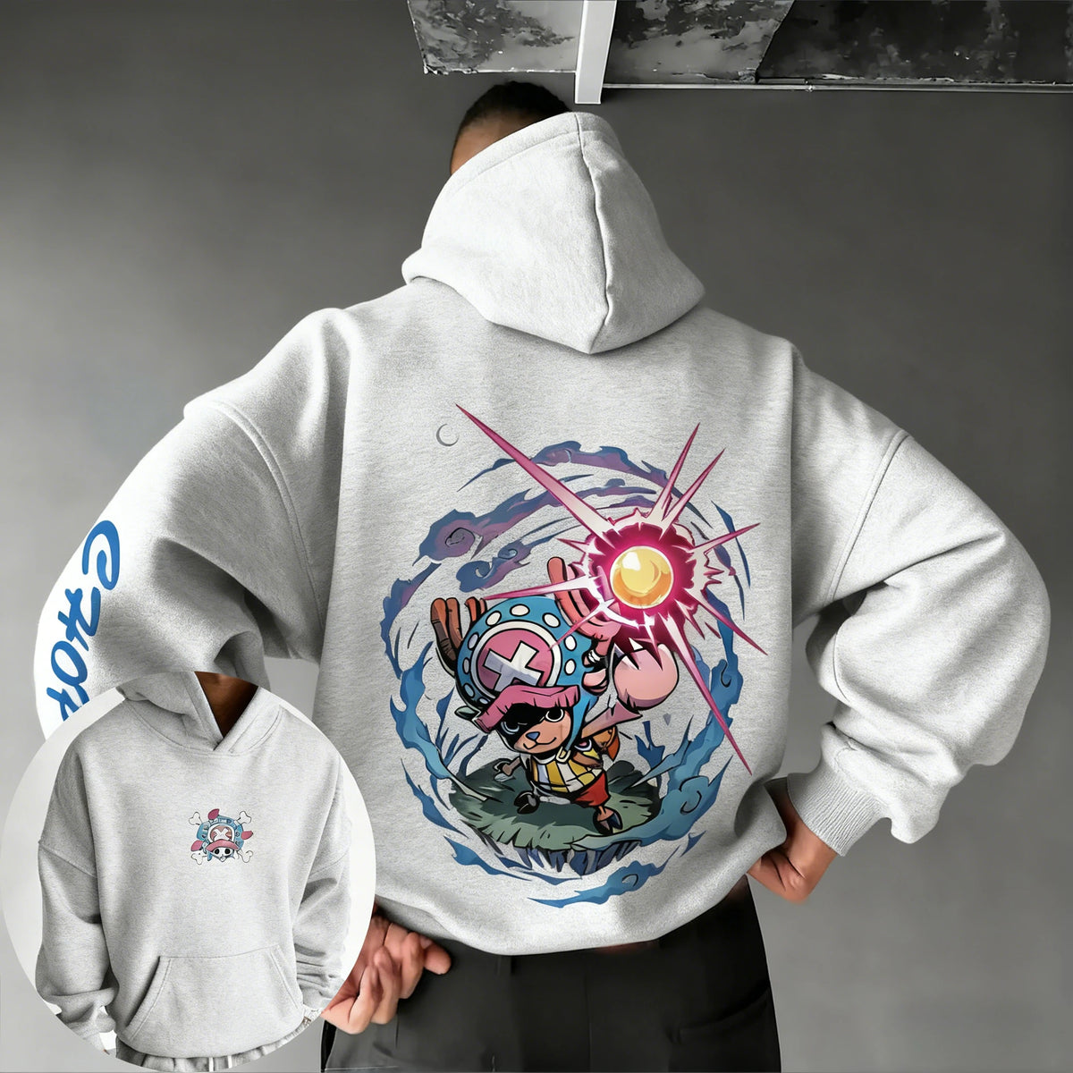 A loose-fit Tony Tony Chopper Hoodie featuring a cute anime graphic print, designed as American street hip hop wear for men and children.
