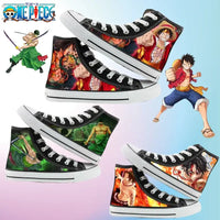 One Piece High-Top Canvas Shoes featuring Luffy, Zoro & Ace anime design sneakers for trendy footwear.