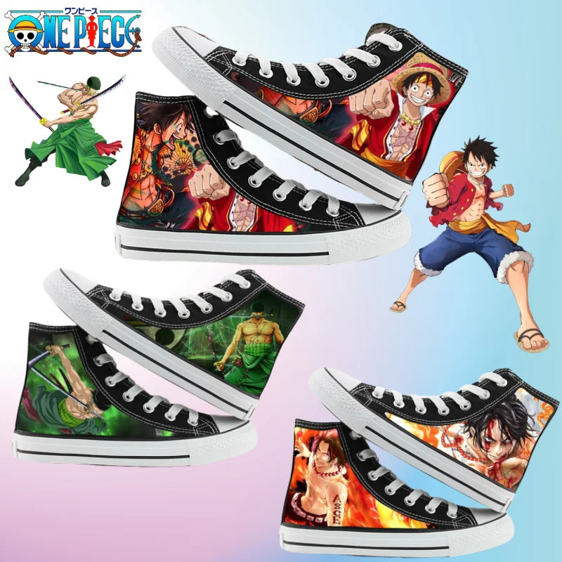One Piece High-Top Canvas Shoes featuring Luffy, Zoro & Ace anime design sneakers for trendy footwear.