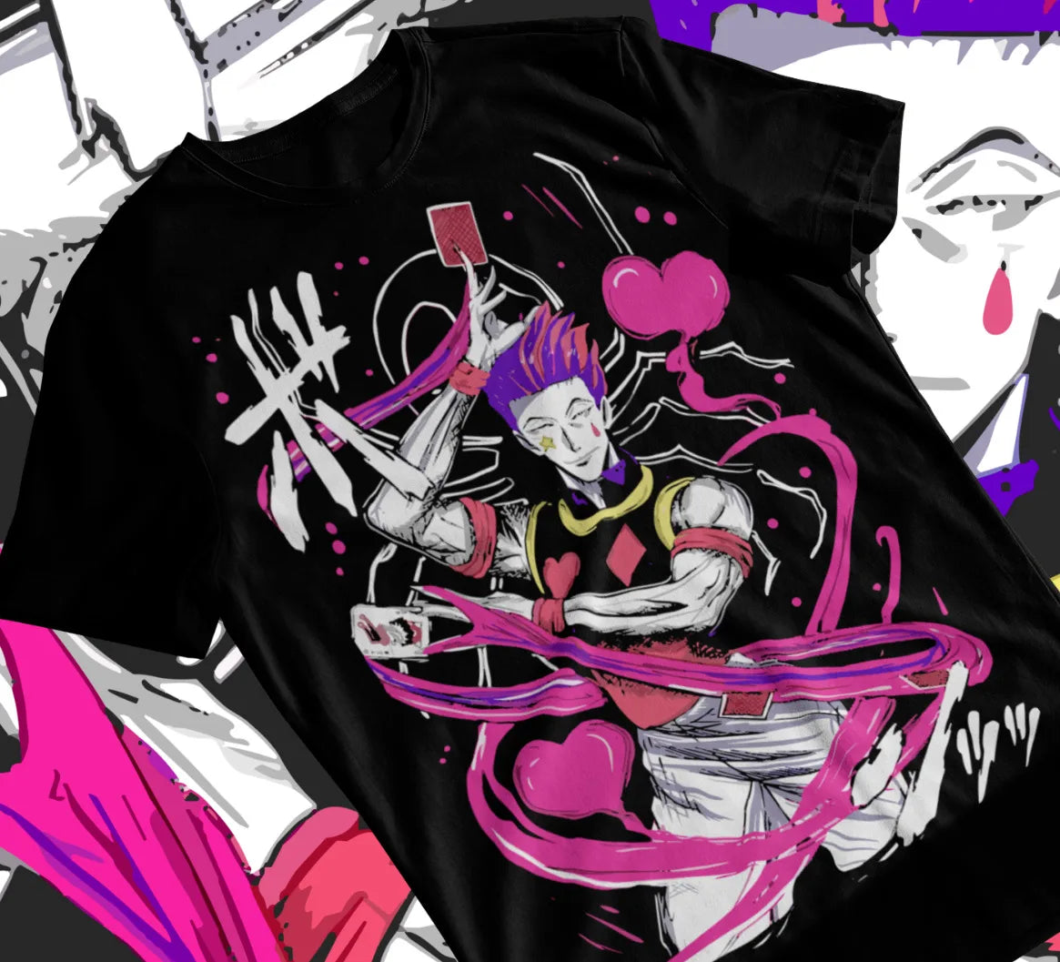 A premium Hisoka Shirt featuring a black and white manga strip graphic of Hisoka Morow from Hunter x Hunter, designed as a soft unisex anime tee.