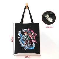 A durable Demon Slayer Canvas Bag featuring Kamado Nezuko and Tanjiro anime graphics, designed as a zipper tote for students and shoppers.