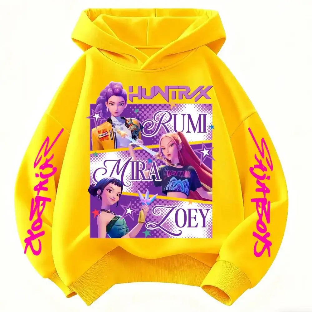 A fashionable KPop Demon Hunters Hoodie featuring the Huntrix design, a spring and autumn sweatshirt for boys and girls.
