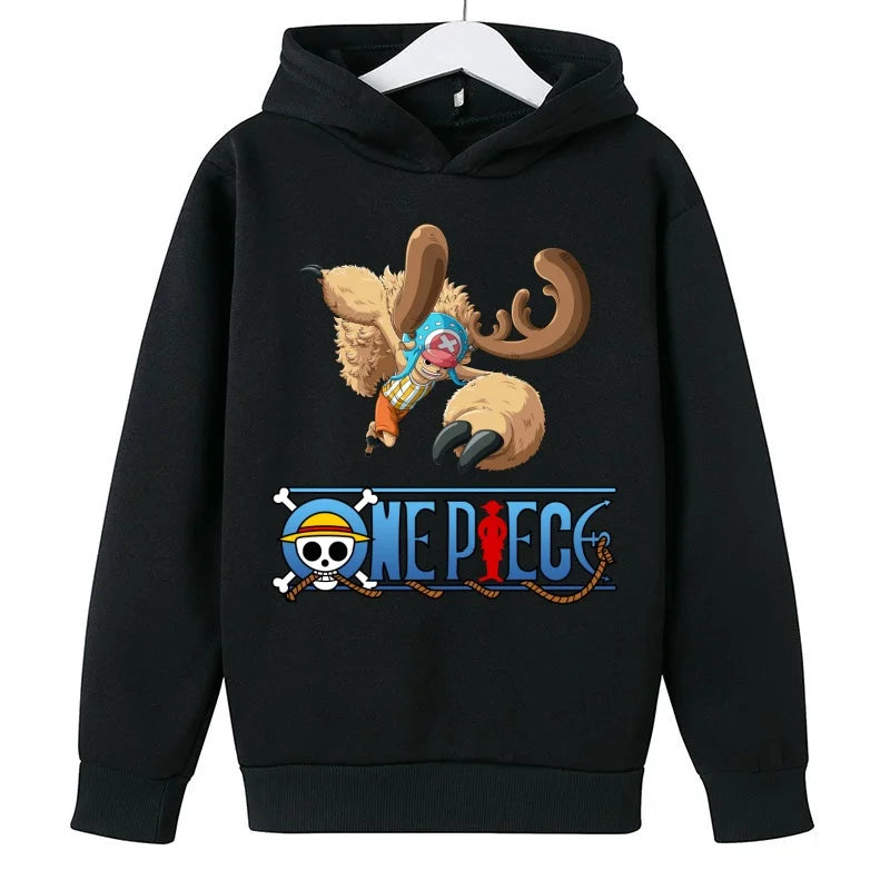 A trendy One Piece Kids Hoodie featuring cartoon graphic prints of Luffy and Zoro, designed as a casual spring and autumn pullover for children.
