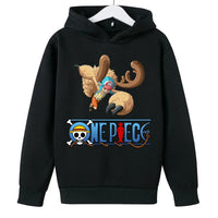 A trendy One Piece Kids Hoodie featuring cartoon graphic prints of Luffy and Zoro, designed as a casual spring and autumn pullover for children.