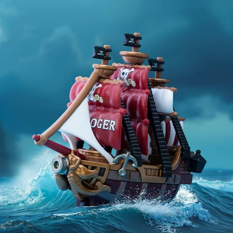 A Pop Mart One Piece Vehicles blind box packaging containing a surprise Grand Line Series ship figure for home decoration.