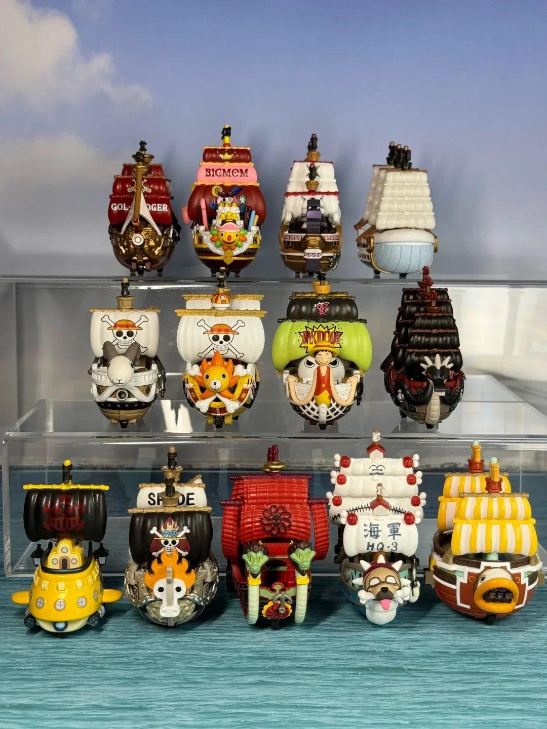 A Pop Mart One Piece Vehicles blind box packaging containing a surprise Grand Line Series ship figure for home decoration.