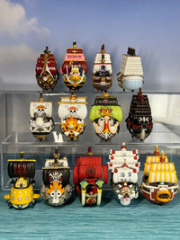 A Pop Mart One Piece Vehicles blind box packaging containing a surprise Grand Line Series ship figure for home decoration.