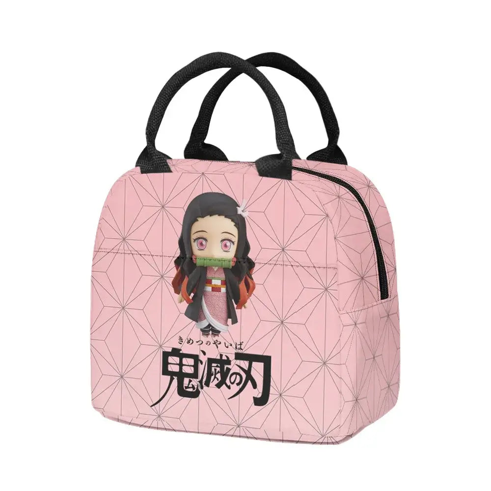 A 3-piece Demon Slayer Backpack Set featuring Tanjiro and Nezuko anime art, including a school bag, lunch box, and pencil case for elementary students.