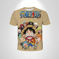 A black loose-fit One Piece Luffy T-shirt featuring a cartoon cosplay graphic of Monkey D. Luffy for men and boys.