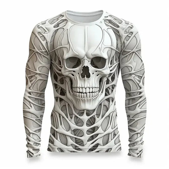 A man wearing the oversized Creative Design 3D Skull Print Men's T-Shirt with long sleeves.